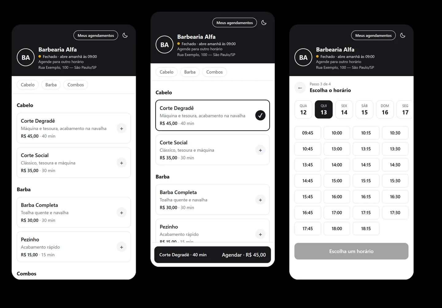 As três telas do agendamento no celular: a lista de serviços com preço e duração, o resumo do que foi escolhido, e a grade de horários livres por dia.