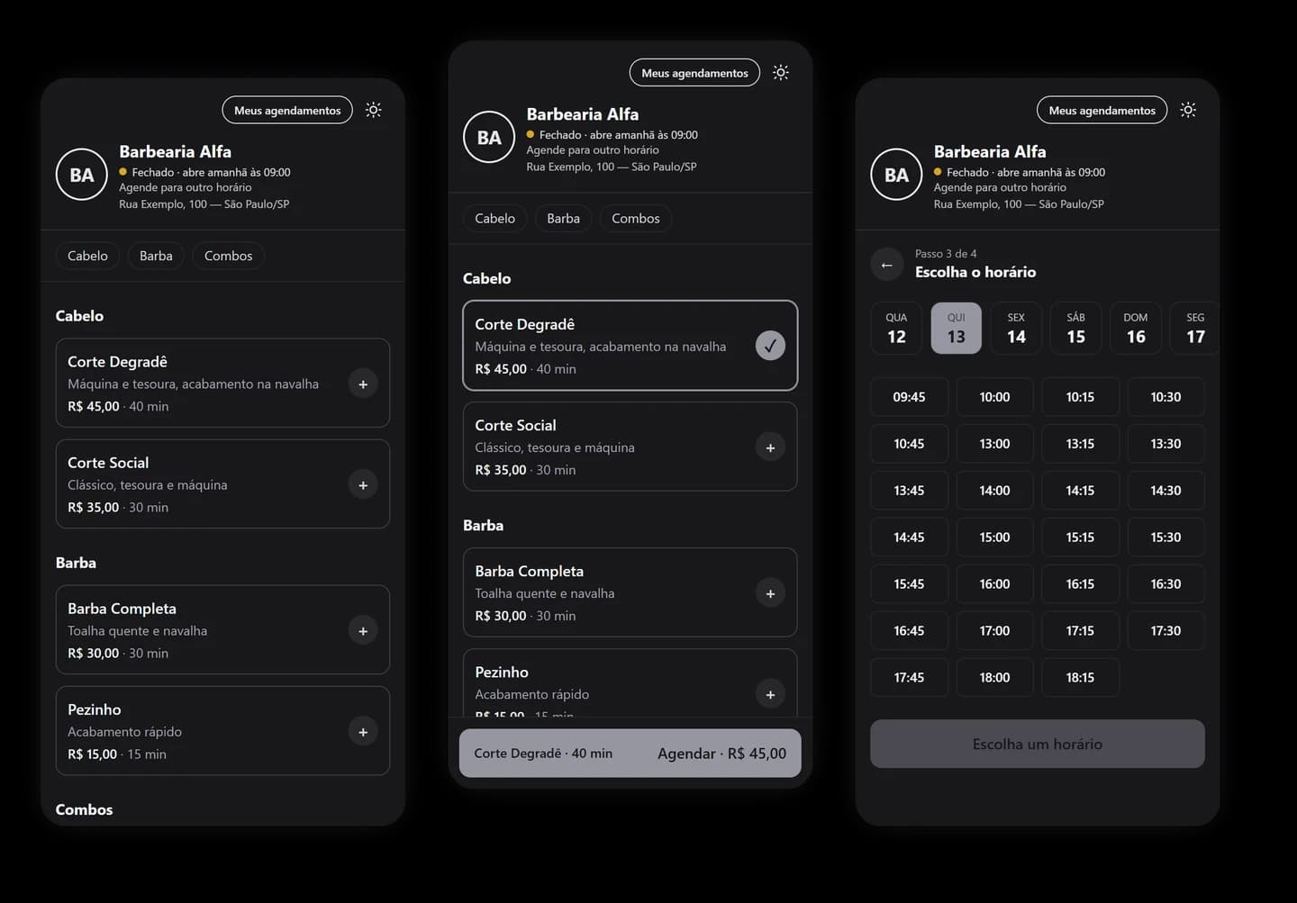 As três telas do agendamento no celular: a lista de serviços com preço e duração, o resumo do que foi escolhido, e a grade de horários livres por dia.