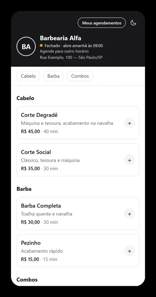 A loja da barbearia aberta no celular do cliente, com os serviços, o preço e a duração de cada um.