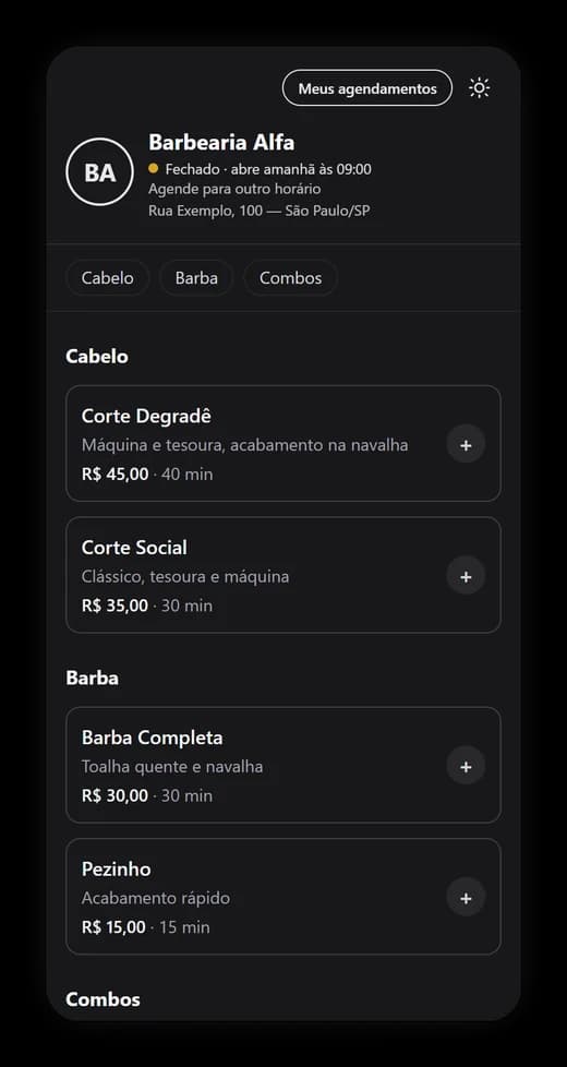 A loja da barbearia aberta no celular do cliente, com os serviços, o preço e a duração de cada um.